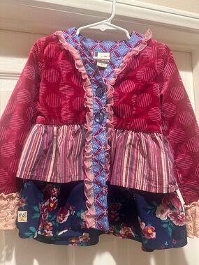 Wild flowers  Girls' Red Ruffled Layered Top tunic buttons jacket